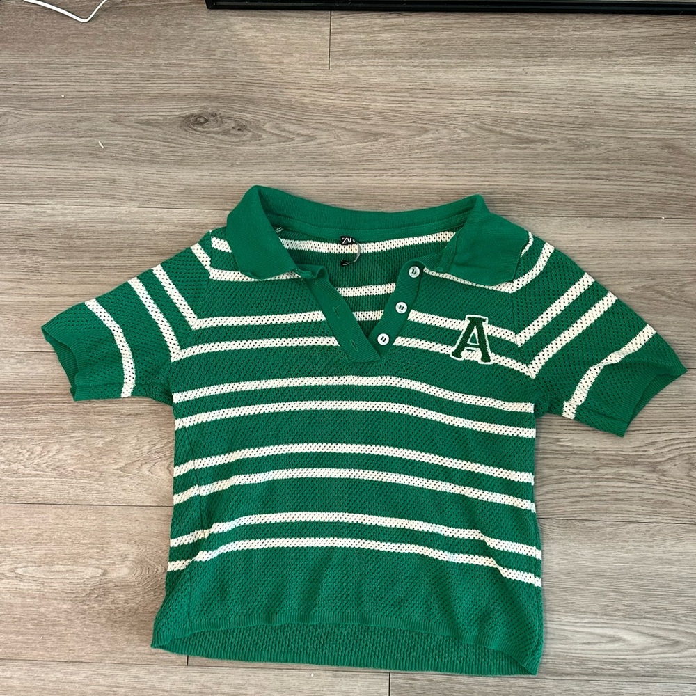 Zara Green and White Striped Polo Top with 'A' Patch